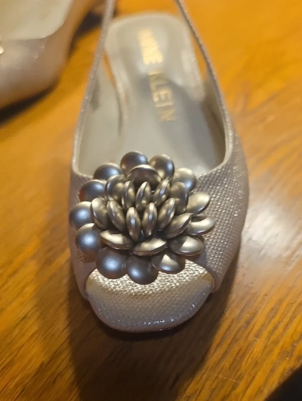 Anne Klein Silver Peep-Toe Slingback Heels with Floral Ornament